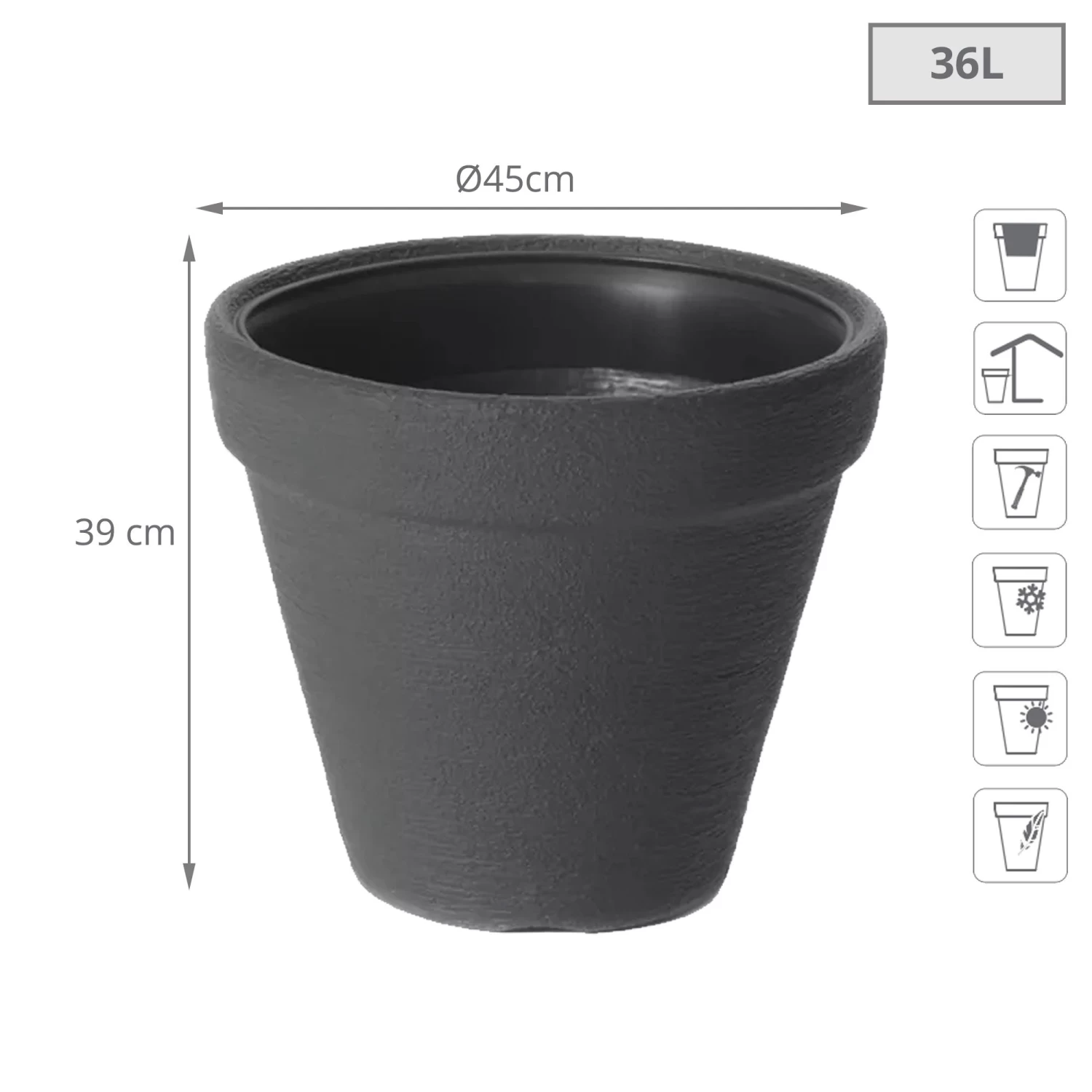 Prosperplast Maceta CLASSIC 36L 450x450x390 Antracita 4 Prosperplast Maceta CLASSIC 36L 450x450x390 Antracita - Imagen 2