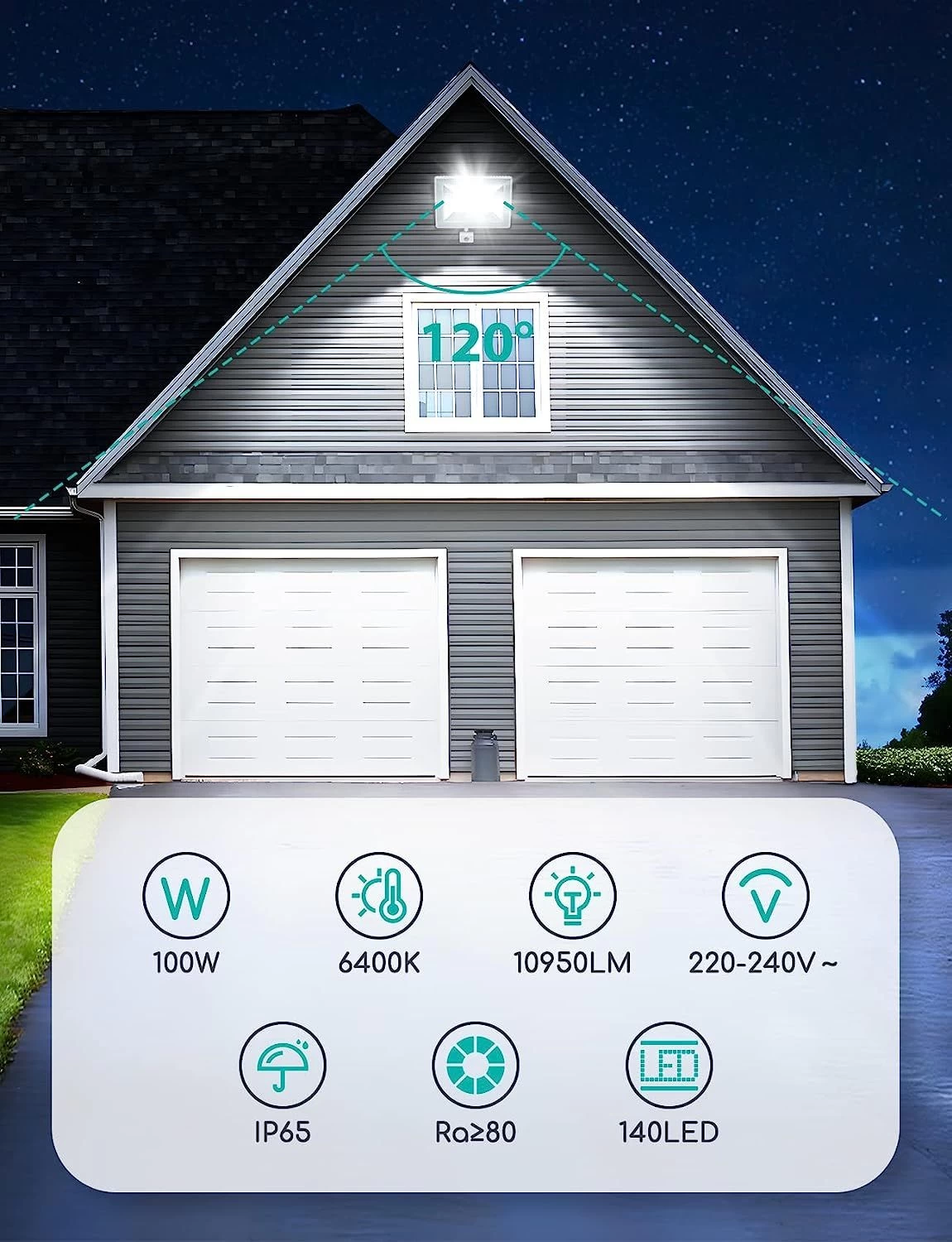 Aigostar 100W Foco LED Con Sensor Movimiento PIR, 10950LM IP65 6400K 8 Aigostar 100W Foco LED Con Sensor Movimiento PIR, 10950LM IP65 6400K - Imagen 6